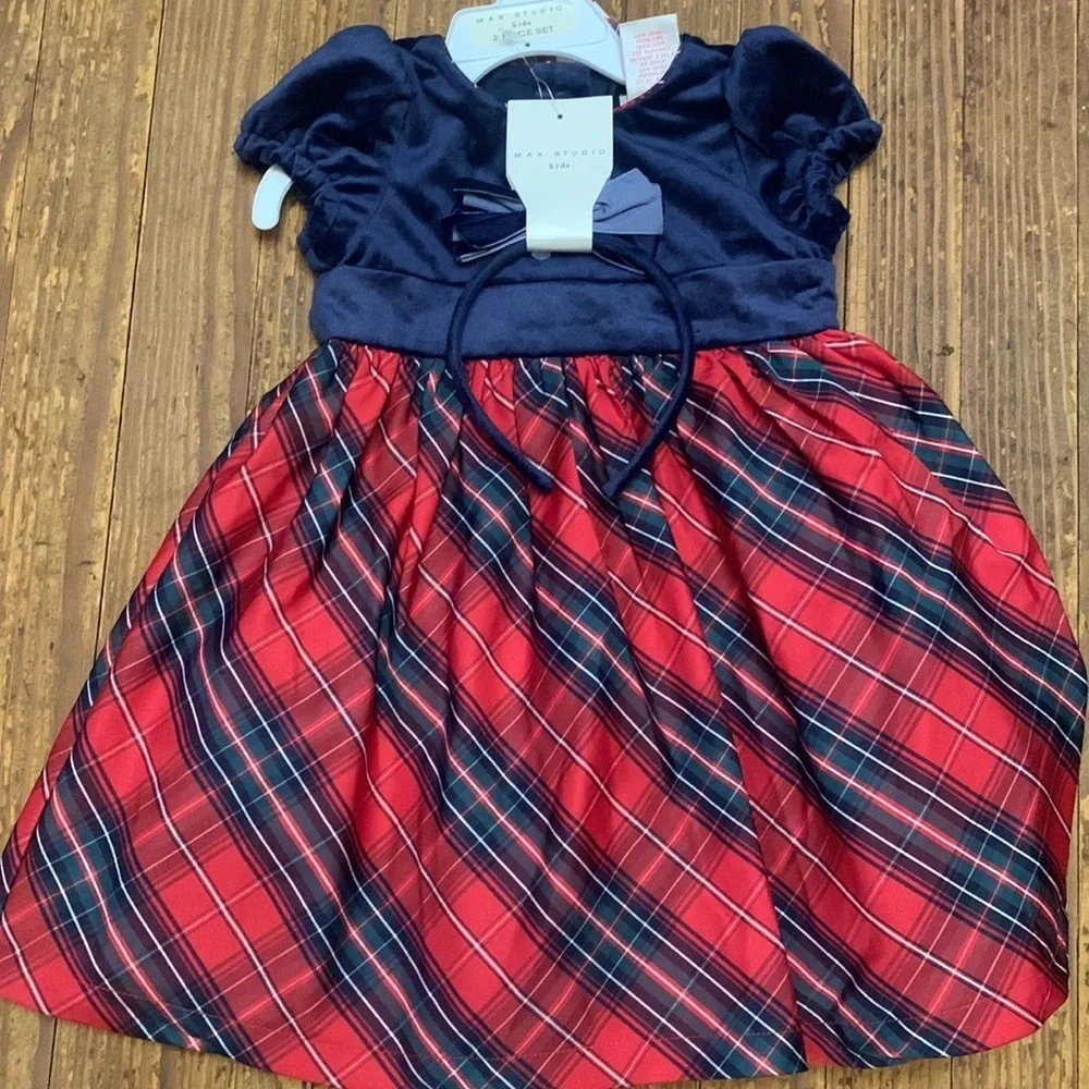 Max Studio Girl’s Red Tartan Plaid Christmas Dress With Headband NWT 2